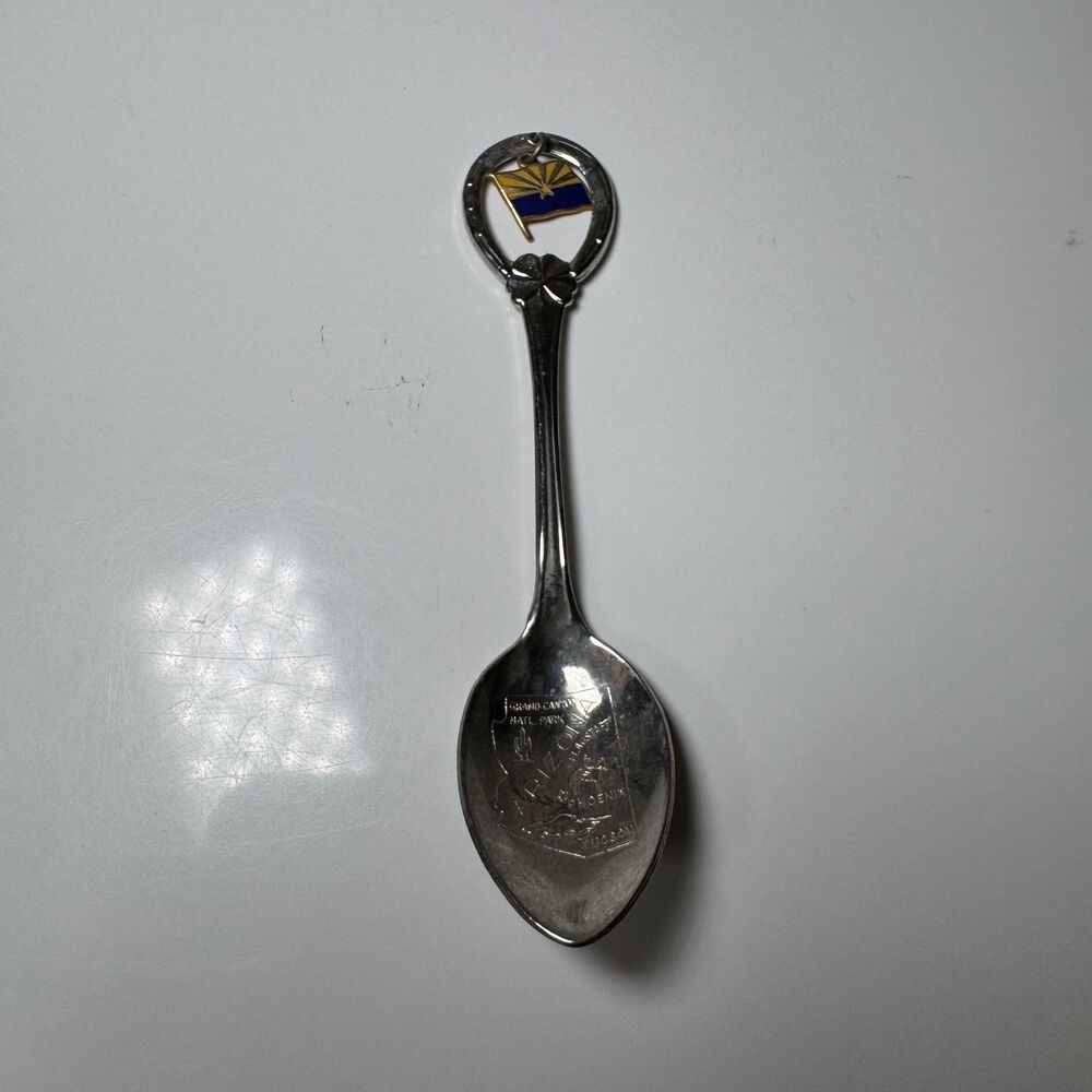 Vintage Arizona Souvenir Spoon Silver Tone Enamel State Flag Engraved Map Bowl